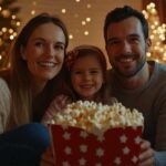 Família assistindo filme de natal com pipoca