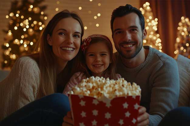 Família assistindo filme de natal com pipoca